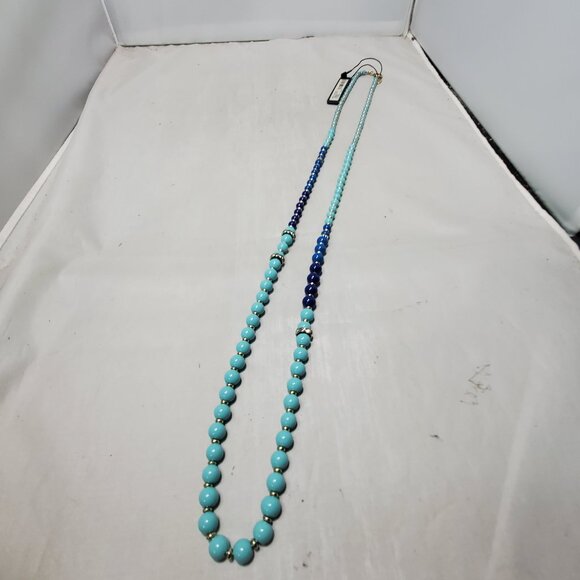 Ann Taylor Necklace, Multiple Shades Blue Beads W/Gold tone Crystal Rhinestone - Picture 1 of 13